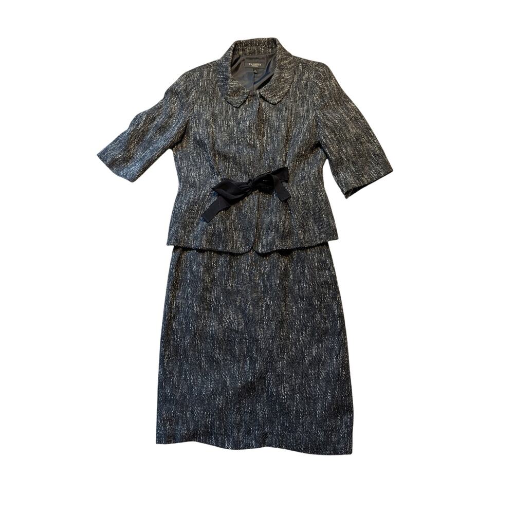 Talbots 2Pc Tweed Skirt Suit Womens 8 Black White Zip Blazer Jacket Ribbon Belt